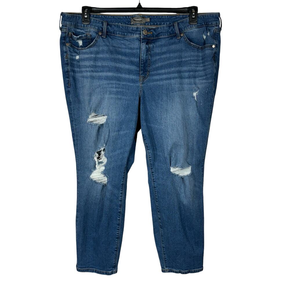 Torrid 24R Straight Leg Jeans Distressed Stretch Zip-Fly Hi-Rise Whiskered Blue